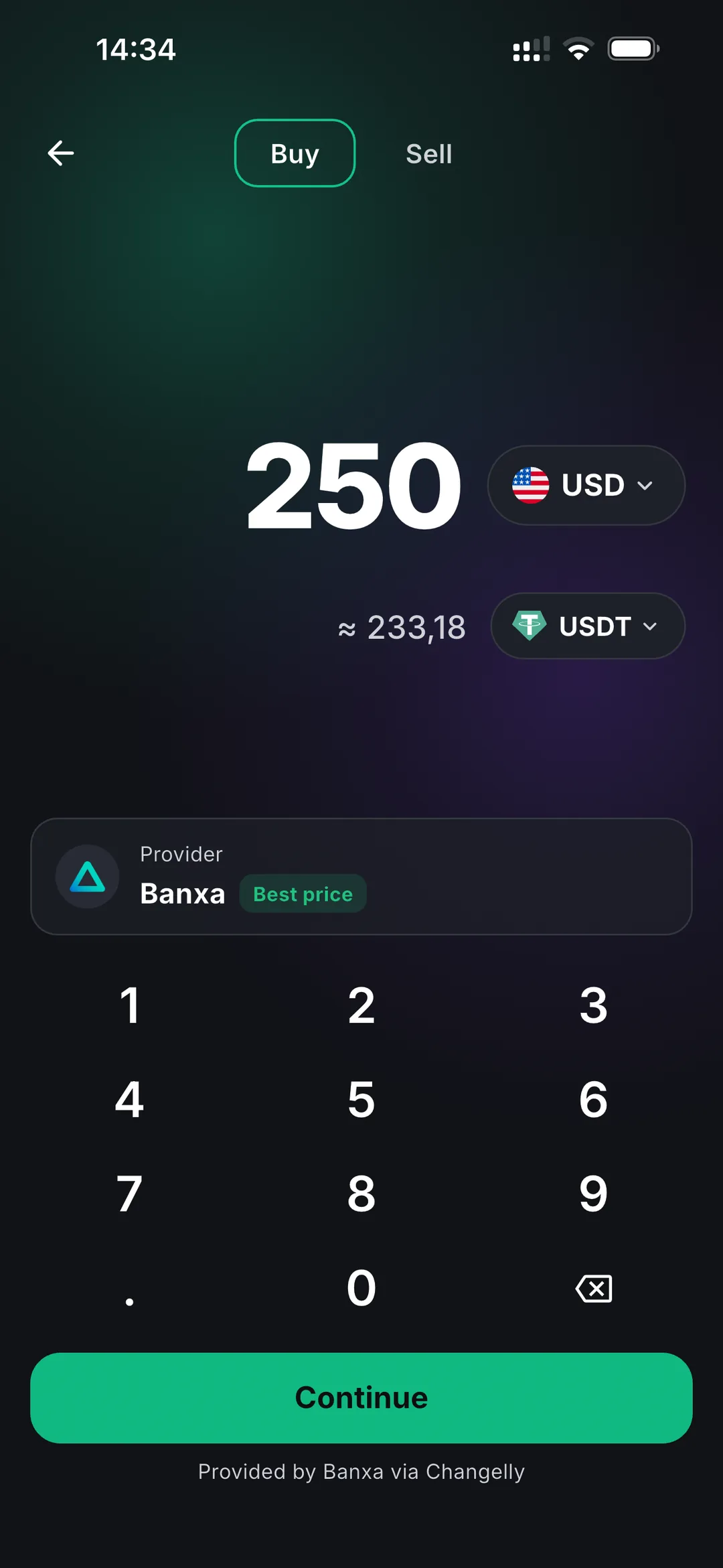 Buying USDT with a bank card inside the Oniq wallet