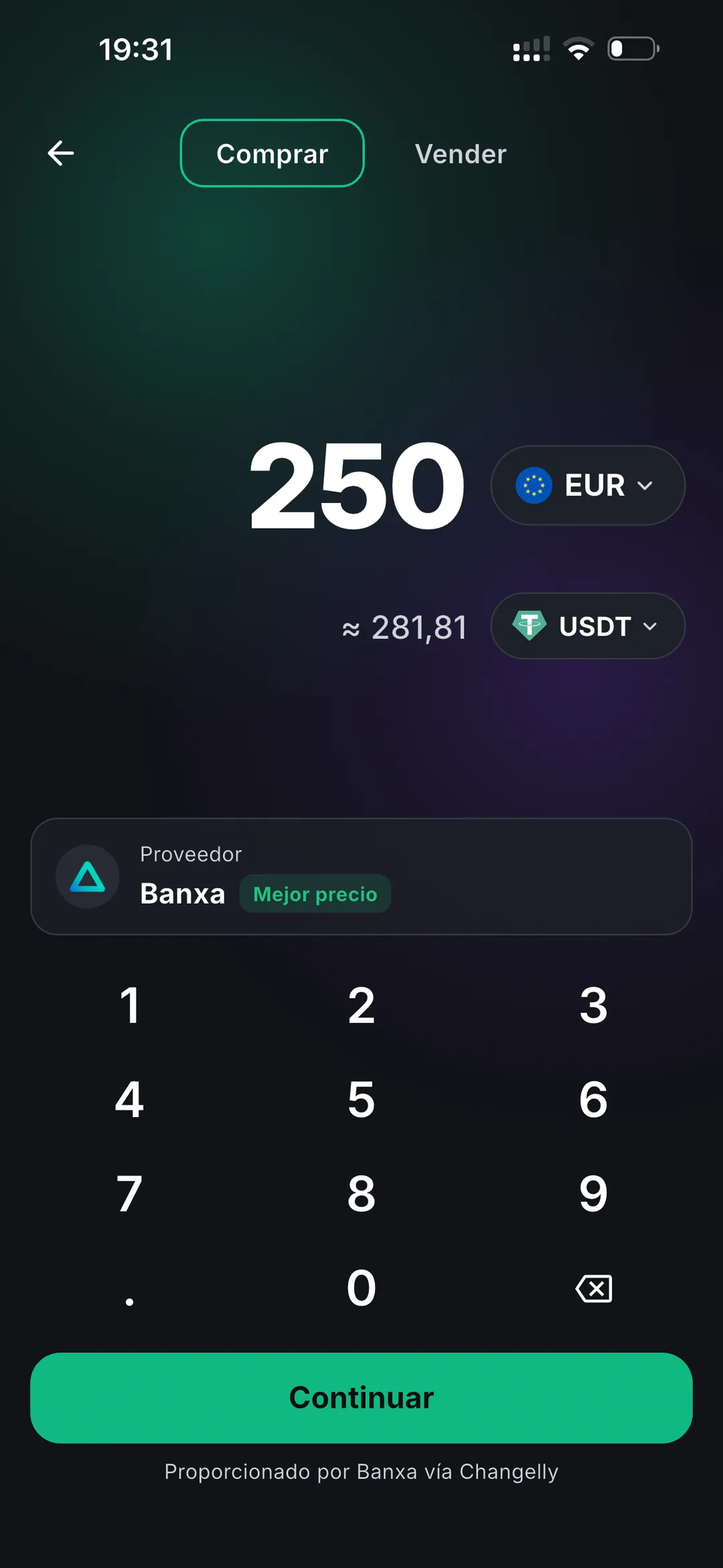 Buying USDT with a bank card inside the Oniq wallet
