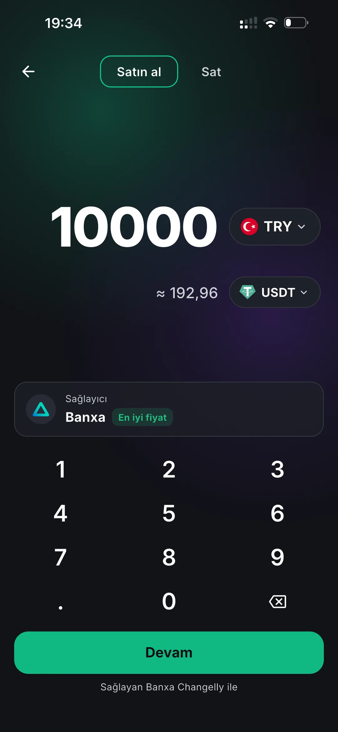 Buying USDT with a bank card inside the Oniq wallet
