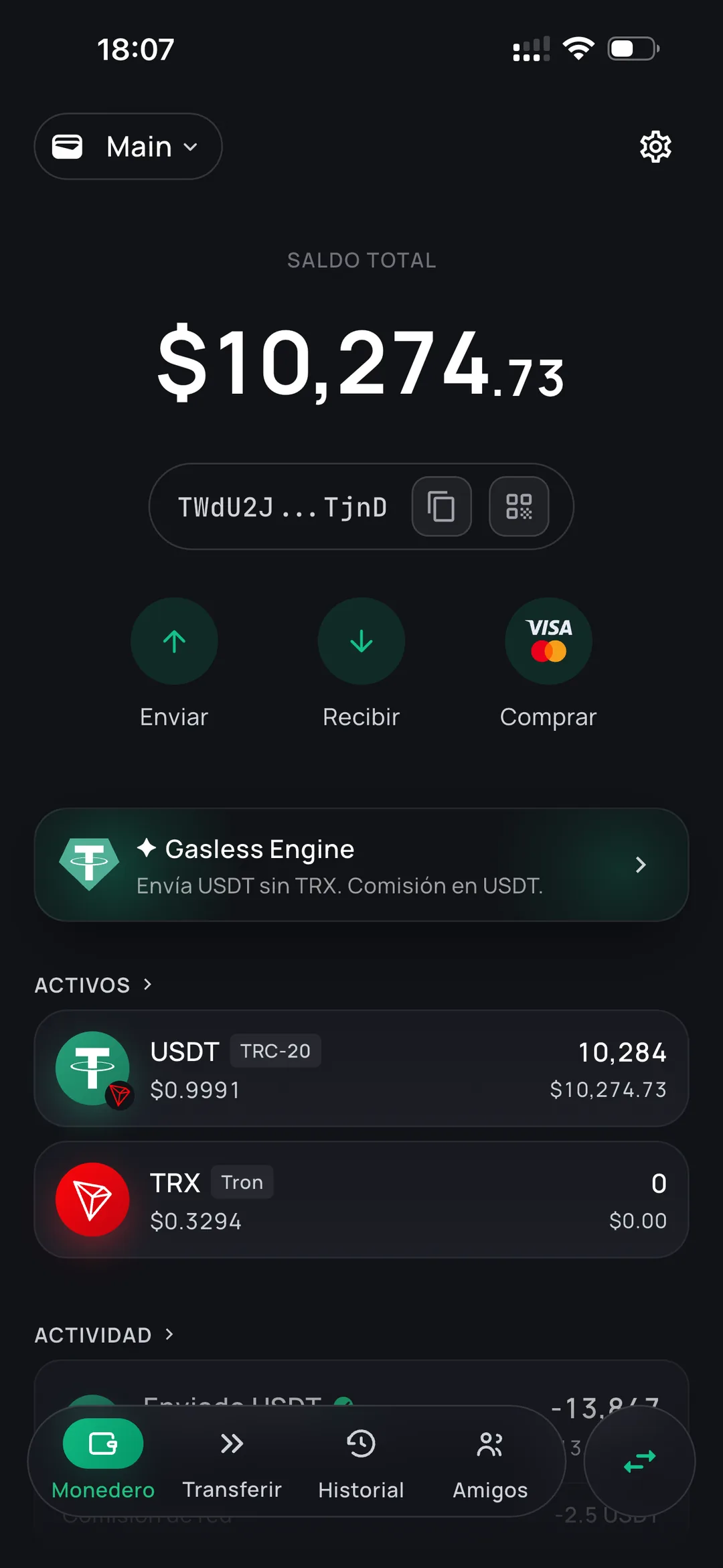 The Oniq wallet home screen showing a USDT balance on TRON