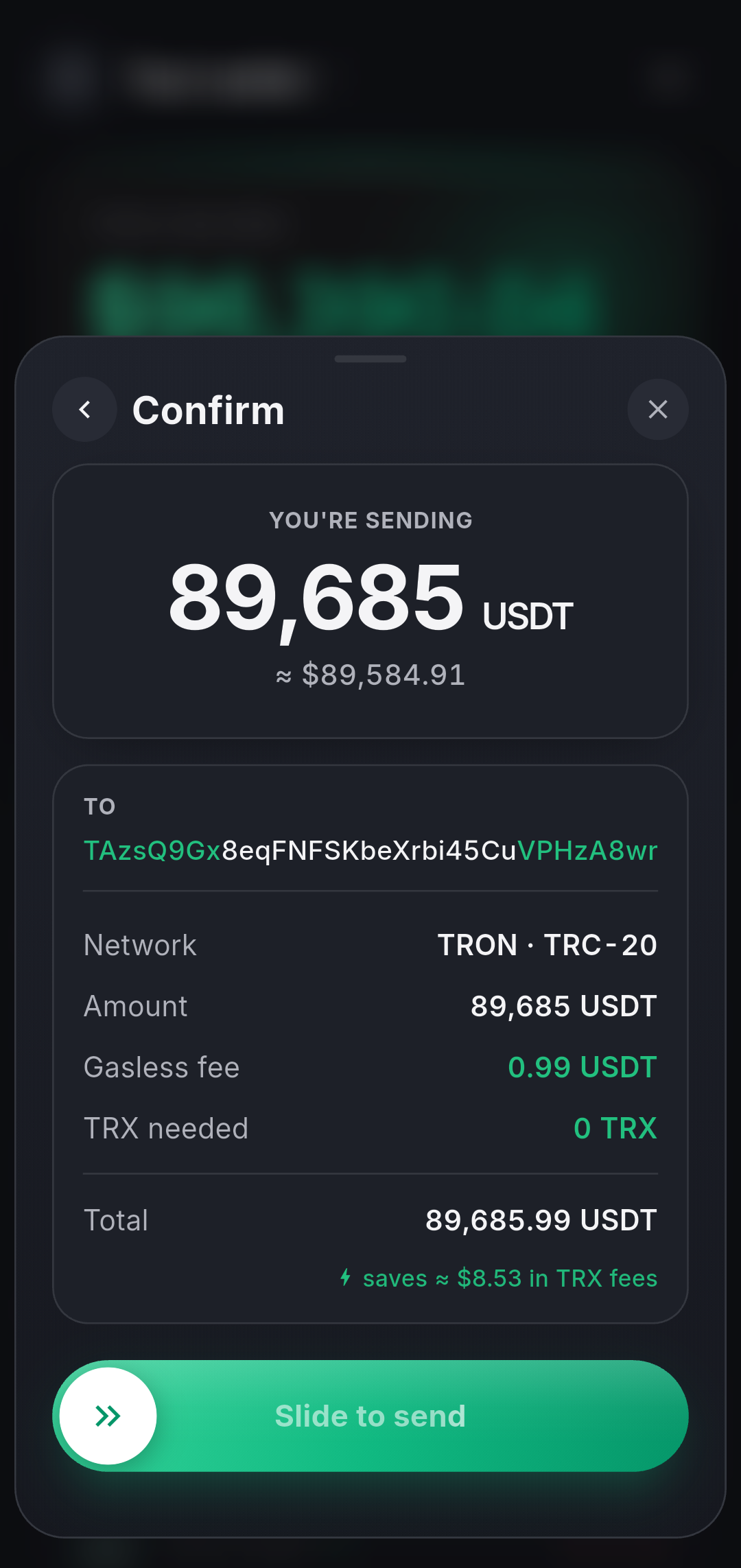 Confirming a USDT transfer in Oniq — gasless fee, zero TRX needed